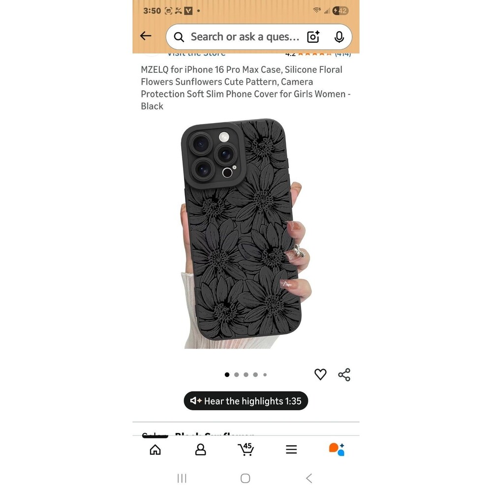 NEW - Mzelq Black Flower Phone Case For Iphone 16 Pro Max - Picture 3 of 4